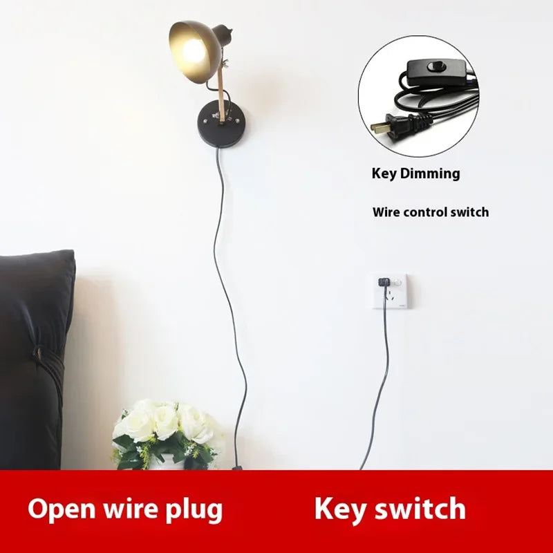 Minimalist bedside led adjustable wall lamp nordic iron wood light black with switch plug wall lights home