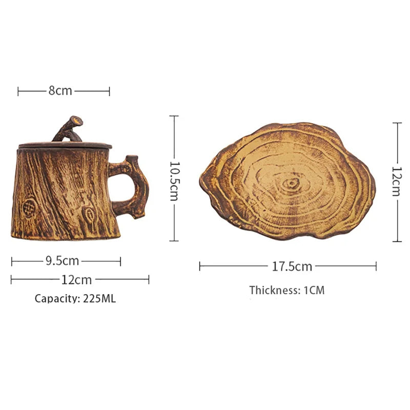 Vintage wood texture cups tree stump ceramic coffee mug with handle and lid breakfast milk mugs personalized gifts