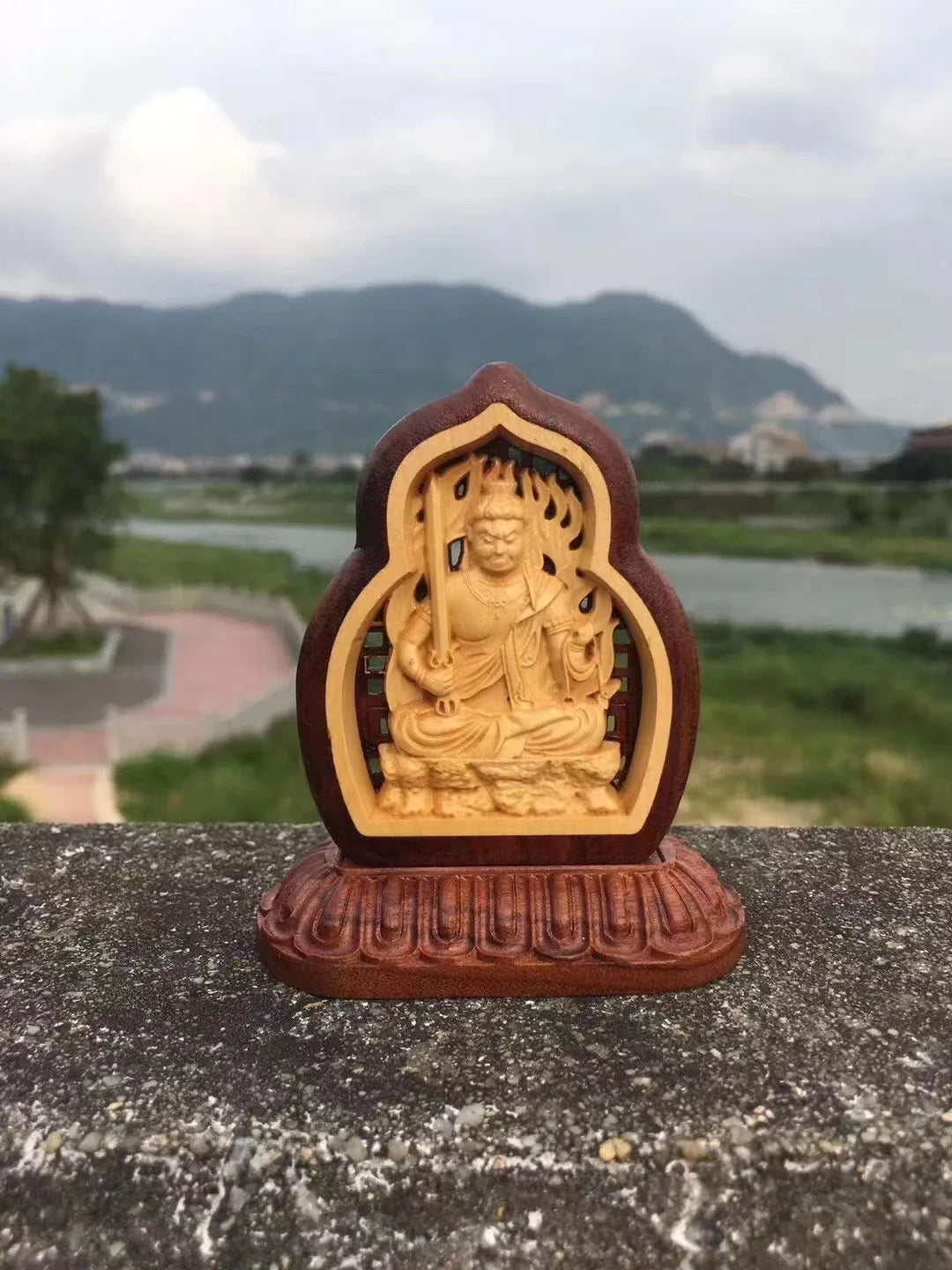 Hinoki wood hand carved fudo myoo acalanatha statue figurine with dragon sword - buddhist guardian protector home