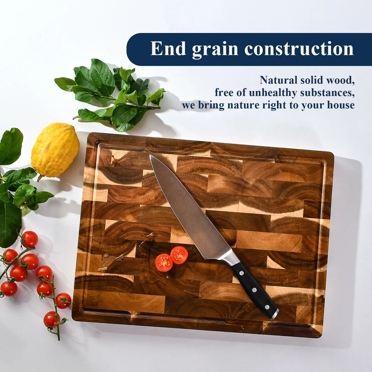 16 inch end grain acacia wooden chopping board serving cutting carving for turkey meat bbq with juice groove