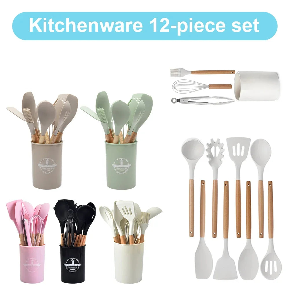 12pcs kitchen utensil set heat-resistant cookware wooden handle with holder spatula spoon brush whisk supplies