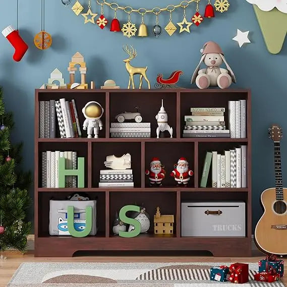 3-tier wooden open shelf bookcase with 10 cubes storage organizer for bedroom - cherry finish freestanding bookshelf