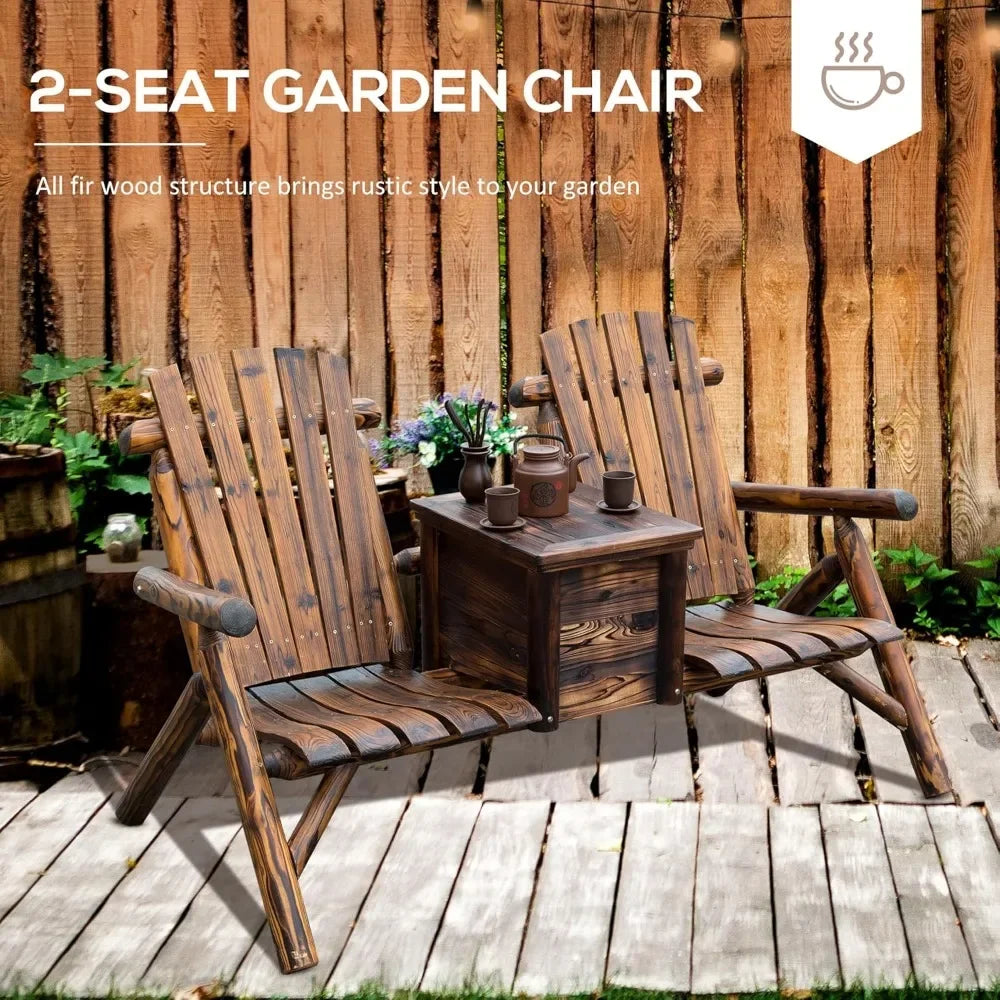 Double wooden adirondack chair with built-in ice bucket. Outdoor loveseat high backrest for patio garden & poolside.