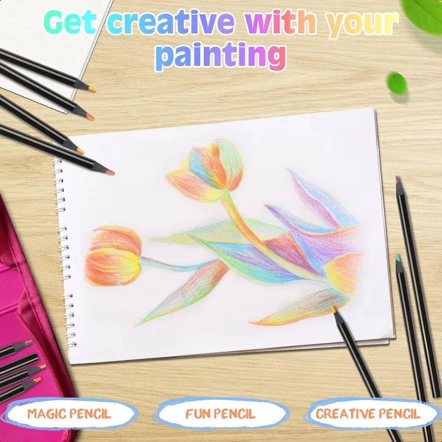 48 pcs 7 in 1 black wooden rainbow pencils bulk multicolored assorted colors art plies for adults drawing coloring sket