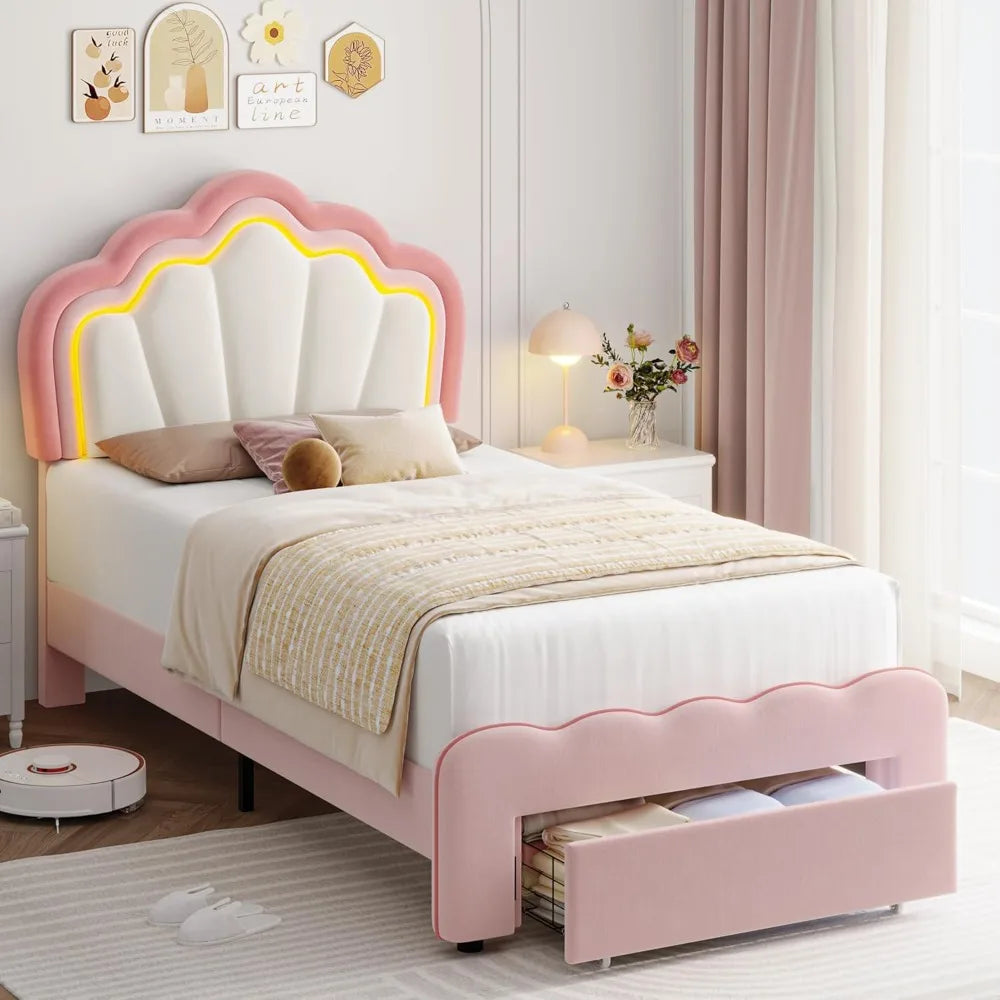 Hostack twin upholstered led bed frame with storage drawer cute girls adjustable lotus headboard velvet princess plat