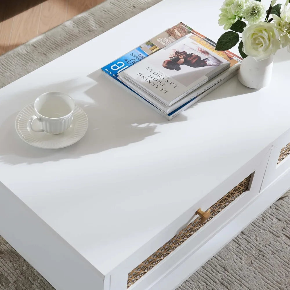 Wooden mid century modern coffee table retangle accent center with two drawers tables for living room white