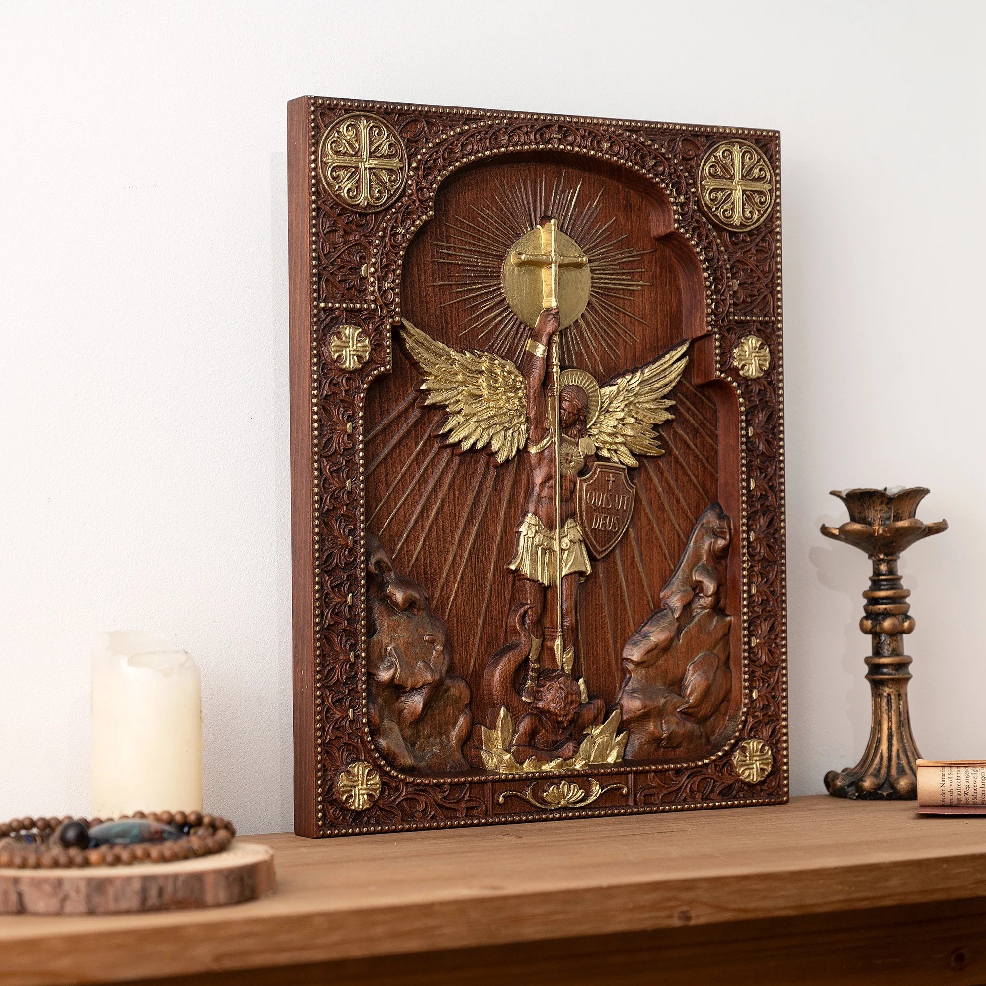 Archangel michael square wooden icon guardian angel statue religious home church wall decor christian artwork