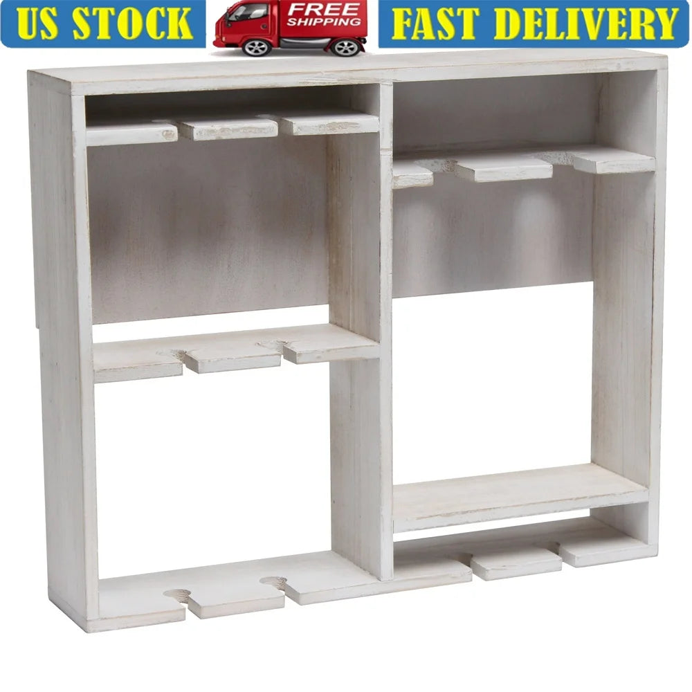Wall mounted wood wine rack shelf with stemware holder kitchen dining room bar rustic farmhouse decor storage solution