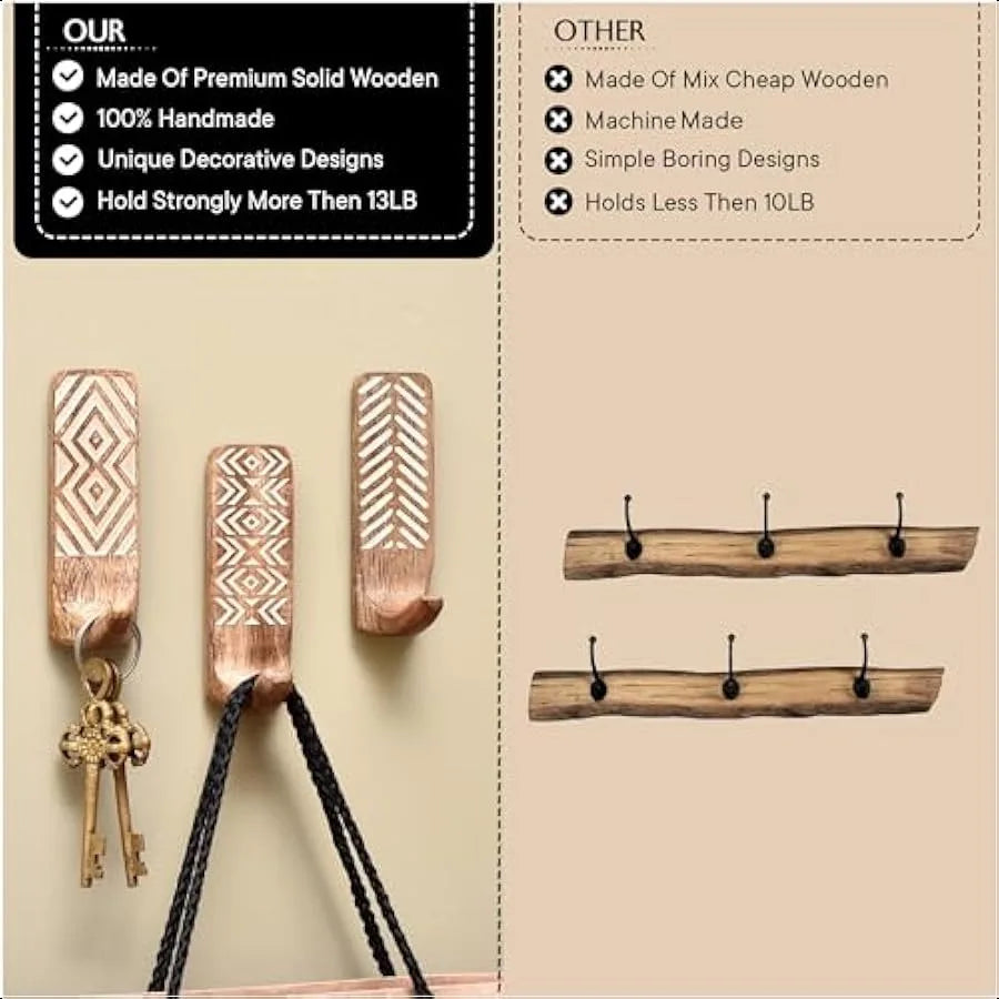 Boho decorative wood adhesive wall hooks for coats 3 6 strips waterproof rustproof towel holder nodrill hangers bathr