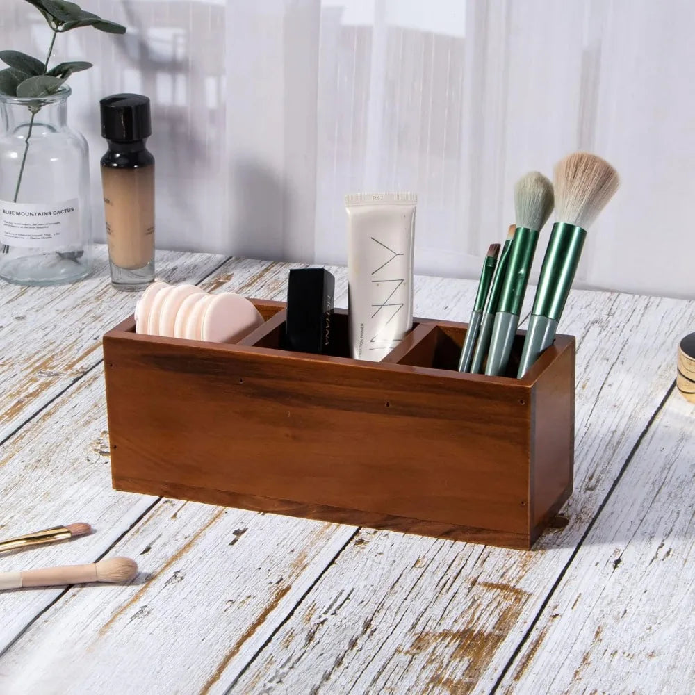 Wooden pencil holder 3 compartment wood desk organizers and accessories rustic remote control caddy office suppl