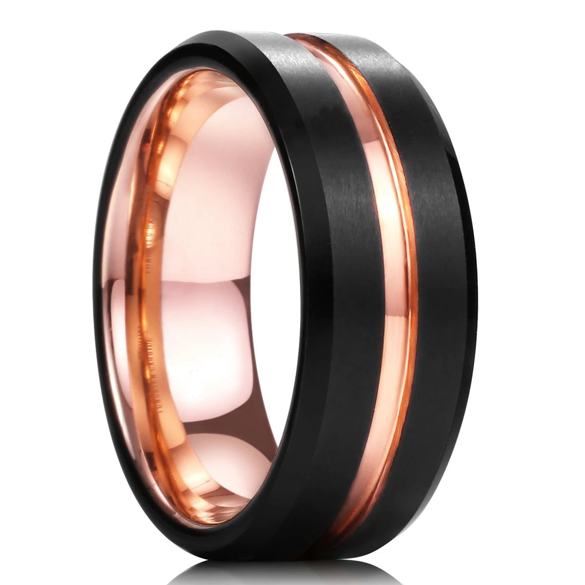 Fashion 8mm men stainless steel ring rose gold color brushed wood inlay rings for women wedding band jewelry birthday