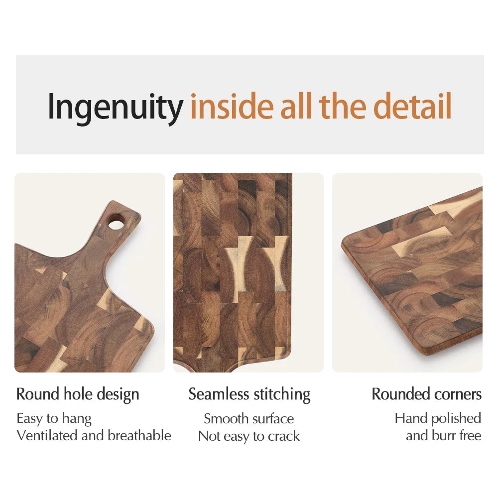 Hezhen cutting board acacia wood kitchen double-sided use hangable dark square racket shape chopping - 41x22x1.9cm