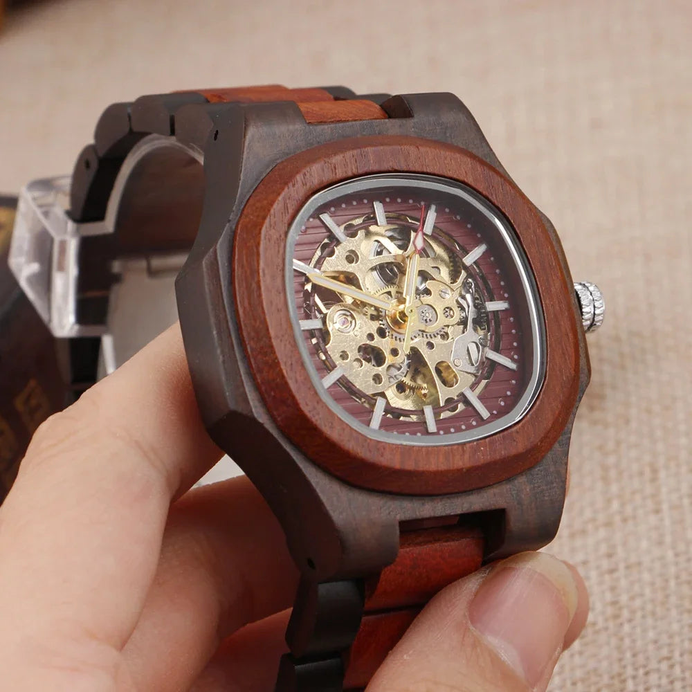 Red and black contrasting wooden men’s mechanical watch fashionable classic steampunk hollow clock the best holiday