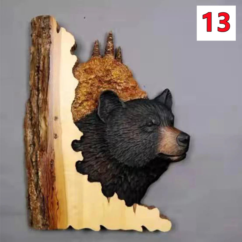 Animal carving handcraft wall hanging sculpture wooden raccoon bear deer fox wolf hand drawn decoration home living