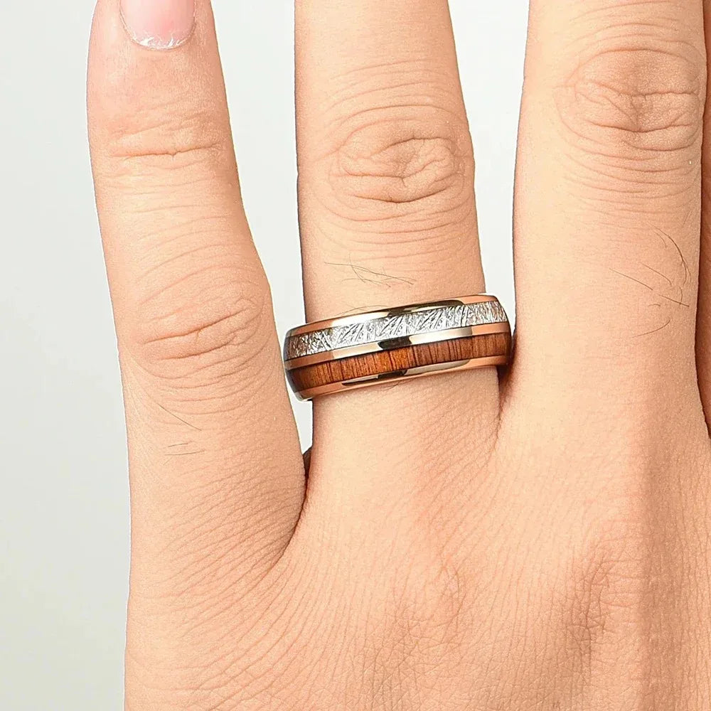 8mm men’s koa wood inlay stainless steel ring unique silver meteorite rings for gift luxury party wedding band jewelry