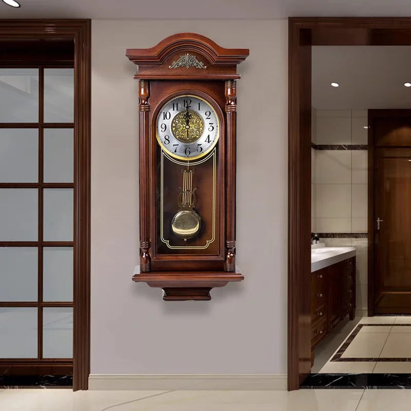 Vintage wall clock living room solid wood pendulum clocks luxury large watches bedroom decoration nordic interior