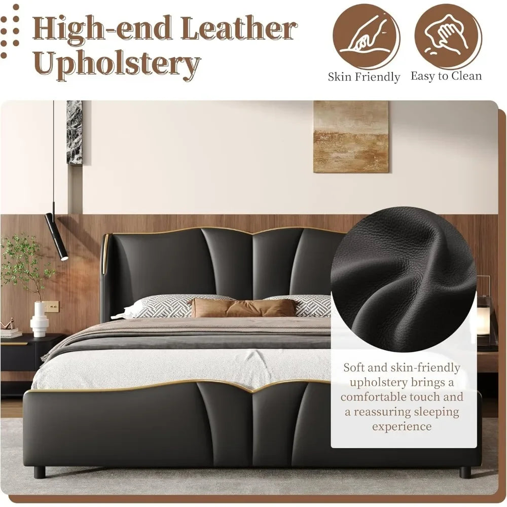 Modern luxury leather platform bed frame - wingback headboard & wavy footboard no box spring required