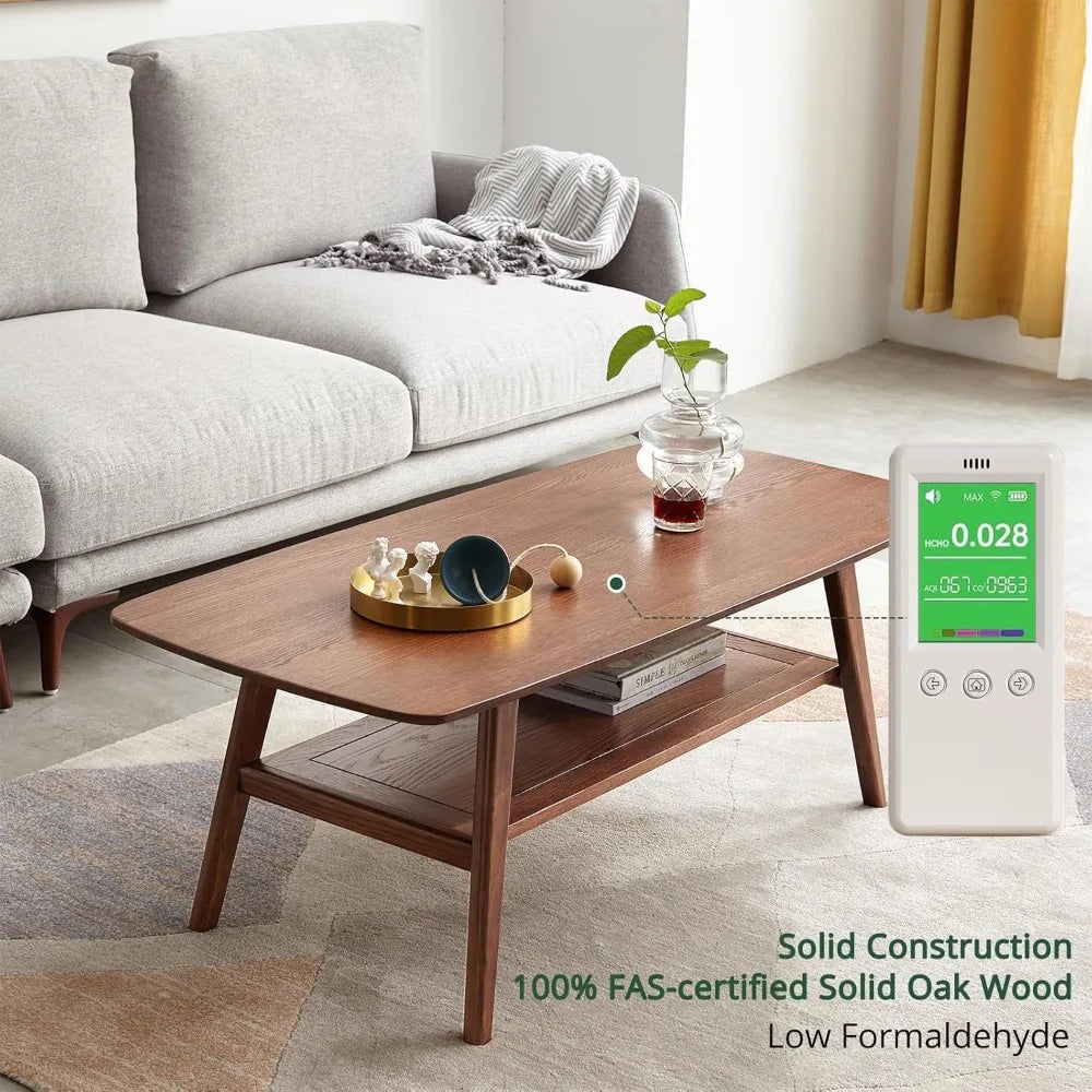 2-tier solid oak wood coffee table - practical center with double storage for small apartments living rooms bedrooms