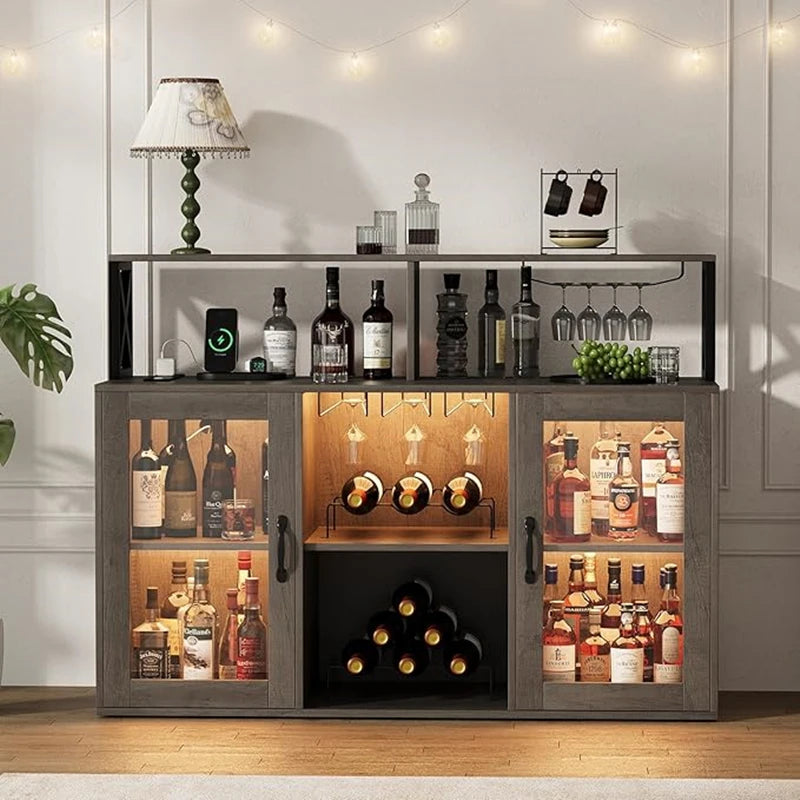 Wine bar cabinet with led light tempered glass doors power outlet and goblet holder,liquor storage for dining room