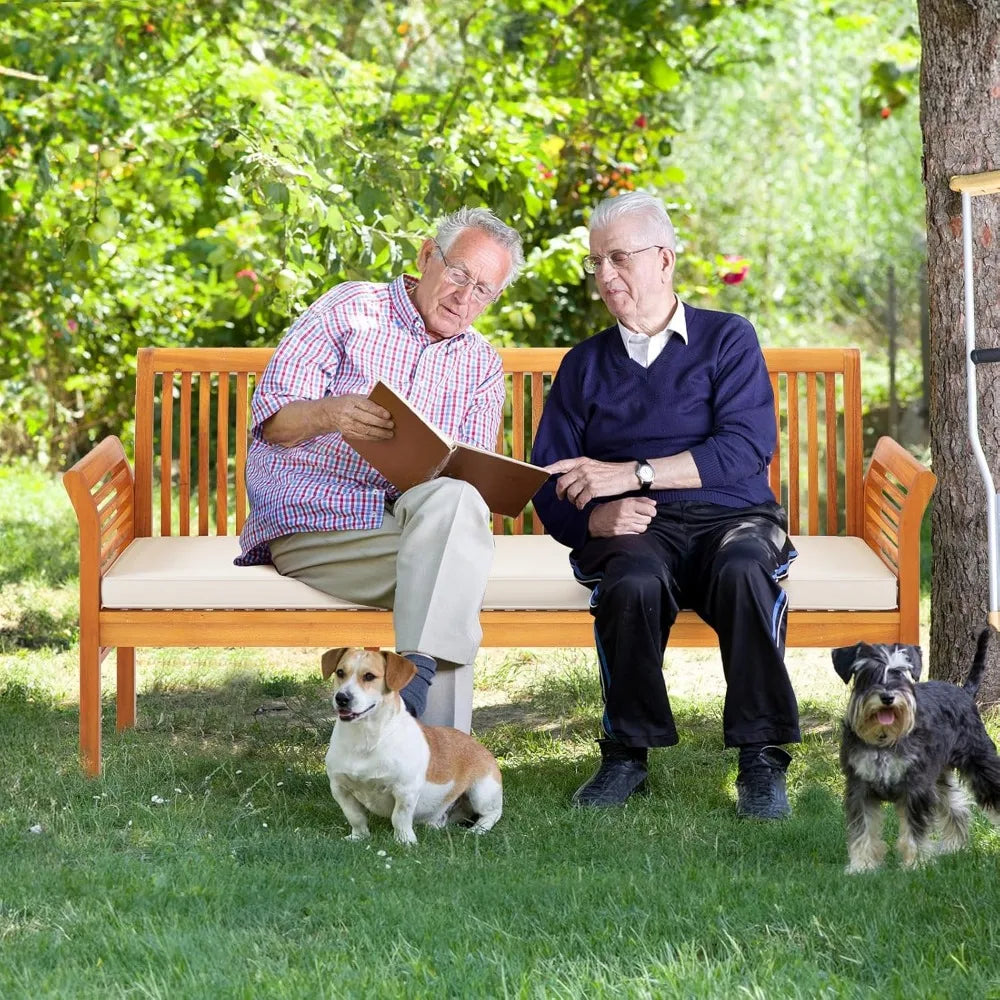 3-person outdoor bench acacia wood porch garden with high backrest curved armrests & seat cushion for backyard de