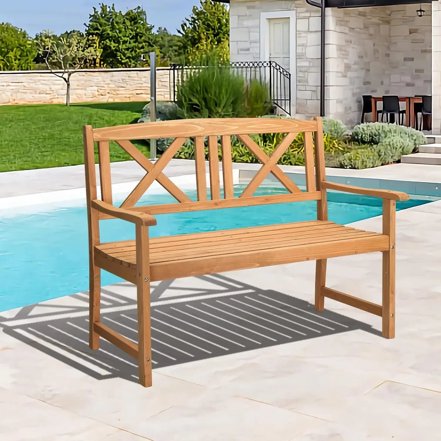 Wooden garden bench outdoor wood patio rustic 2-person loveseat chair w/armrest for porch poolside park backyard