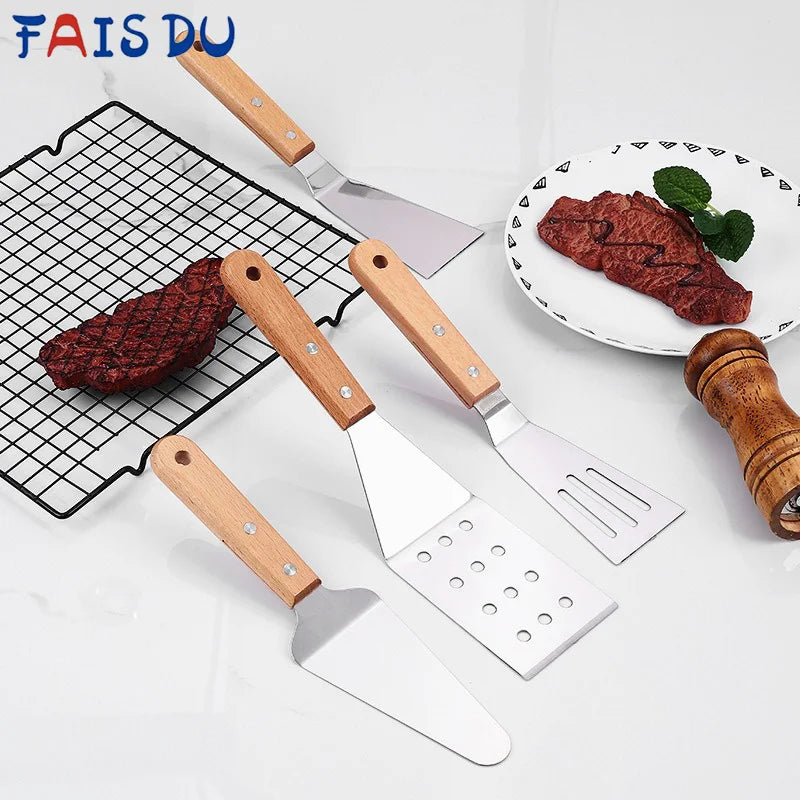 Stainless steel wooden handle cooking spatula steak pancake frying shovel teppanyaki scraper barbecue tool kitchen