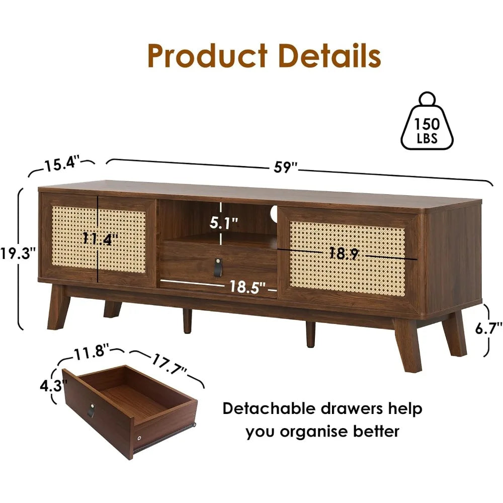 Rattan tv stand for tvs wood mid century modern media console with drawer and 2 cabinets boho