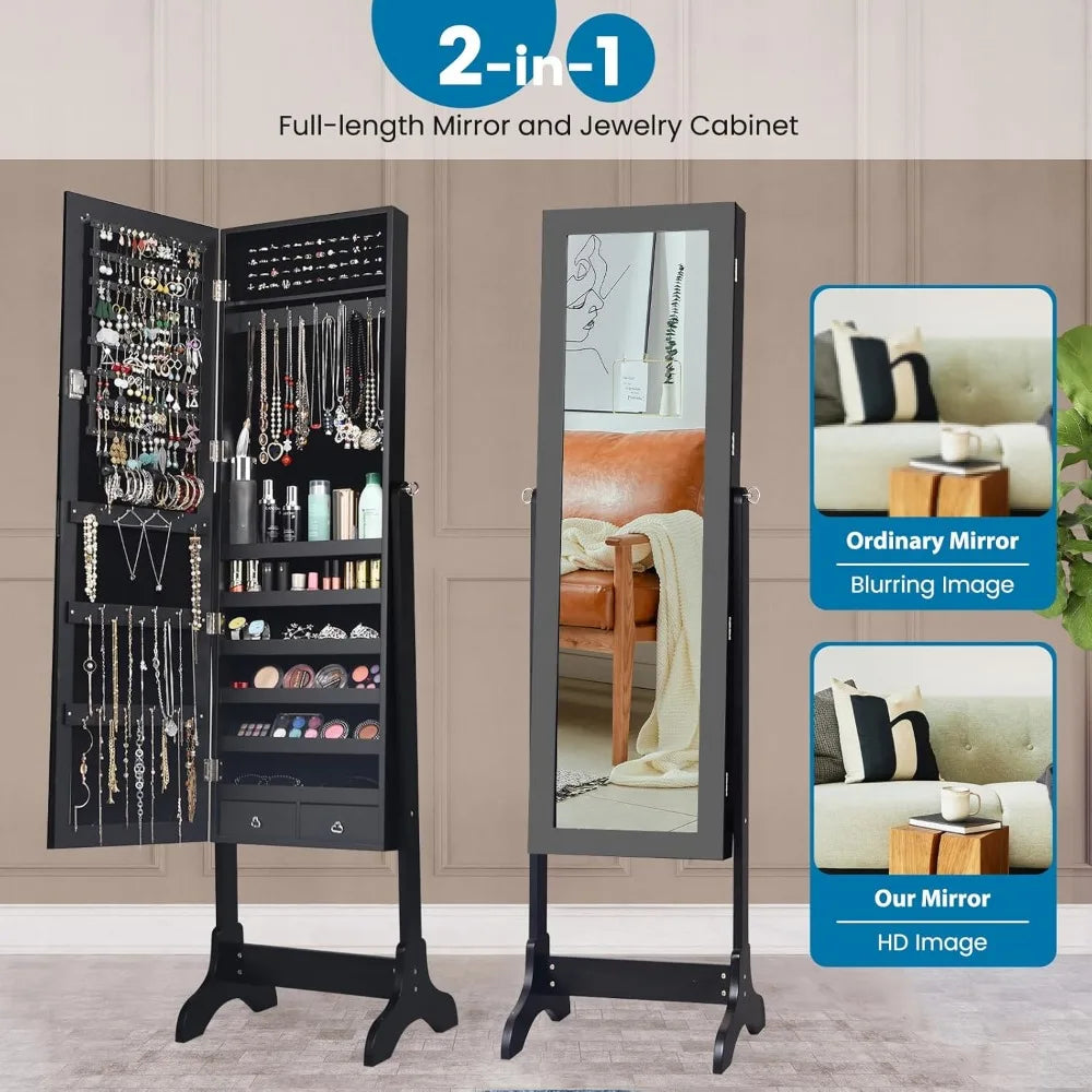 Large wooden mirrored jewelry box with adjustable angles and ample storage capacity