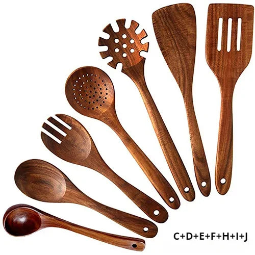 Natural wooden tableware teak wood nanmu spoon extra long leaking soup cooking kitchen utensils - 7pcs b