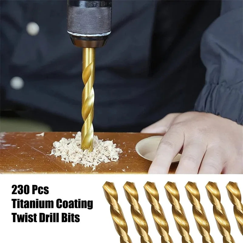 230pcs titanium coated twist drill bit set with case 135°tip metric bits size from 1.0-10mm for woodworking plastic hole