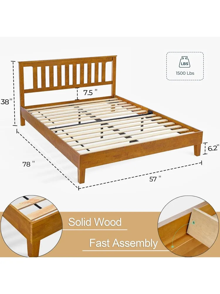 Wood full size bed frame solid platform with headboard wooden slat support no box spr - united states / rustic pine