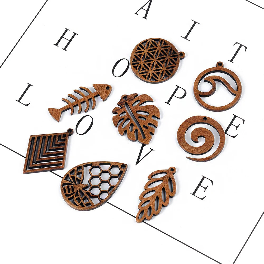 6pc/lot fish/flower shape wood pendant resin plate pendants jewelry accessory handmade connector diy earring component