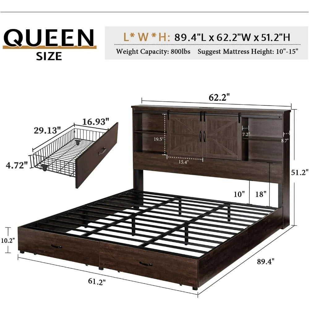 Vanacc queen size bed frame wooden platform storage with 51.2’’ bookcase headboard 2 drawers charging station/no box