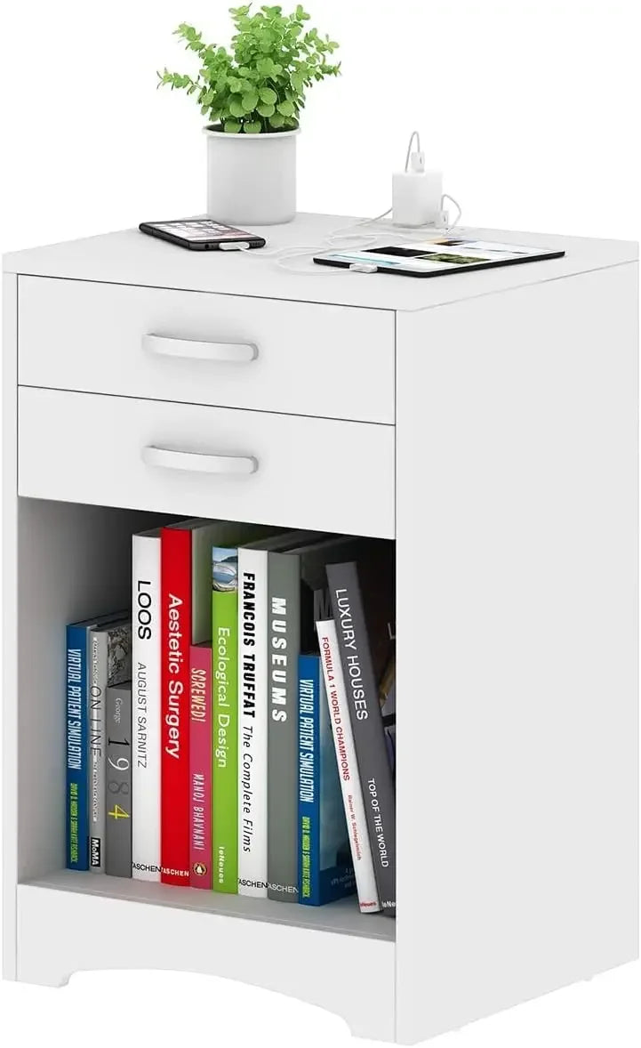 White nightstand with charging station 2 drawer bedroom wood sofa side table end usb ports and storage for small kids