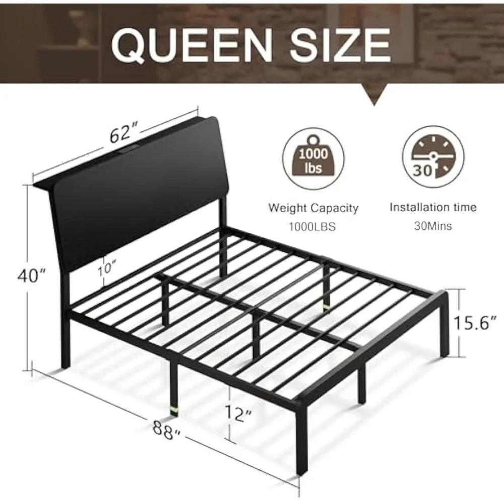 Queen size metal bed frame with led lights & charging station ergonomic platform wooden storage headboard heavy-duty