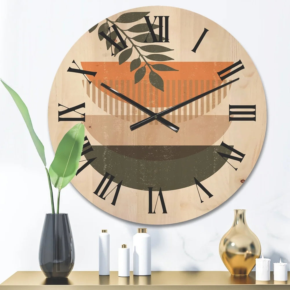 Modern abstract geometrical moon sun leaf wood wall clock home office decor ready to hang natural pine art - united