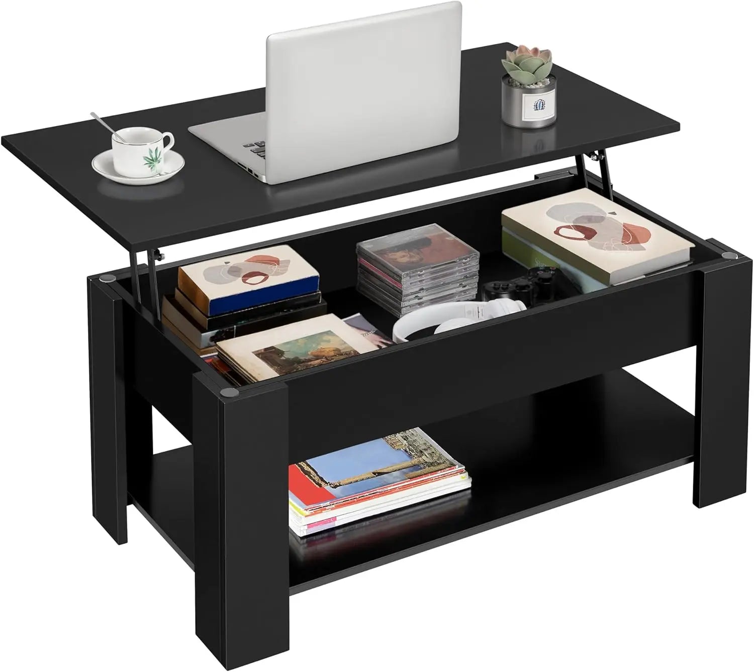 Wooden coffee table lift top with large hidden storage shelf tabletop dining tables for living room - black / united