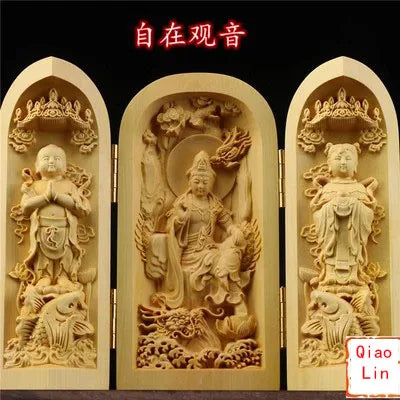 Solid wood carving three open buddha statue collapsible sculpture living room and bedroom decoration modern art - 1