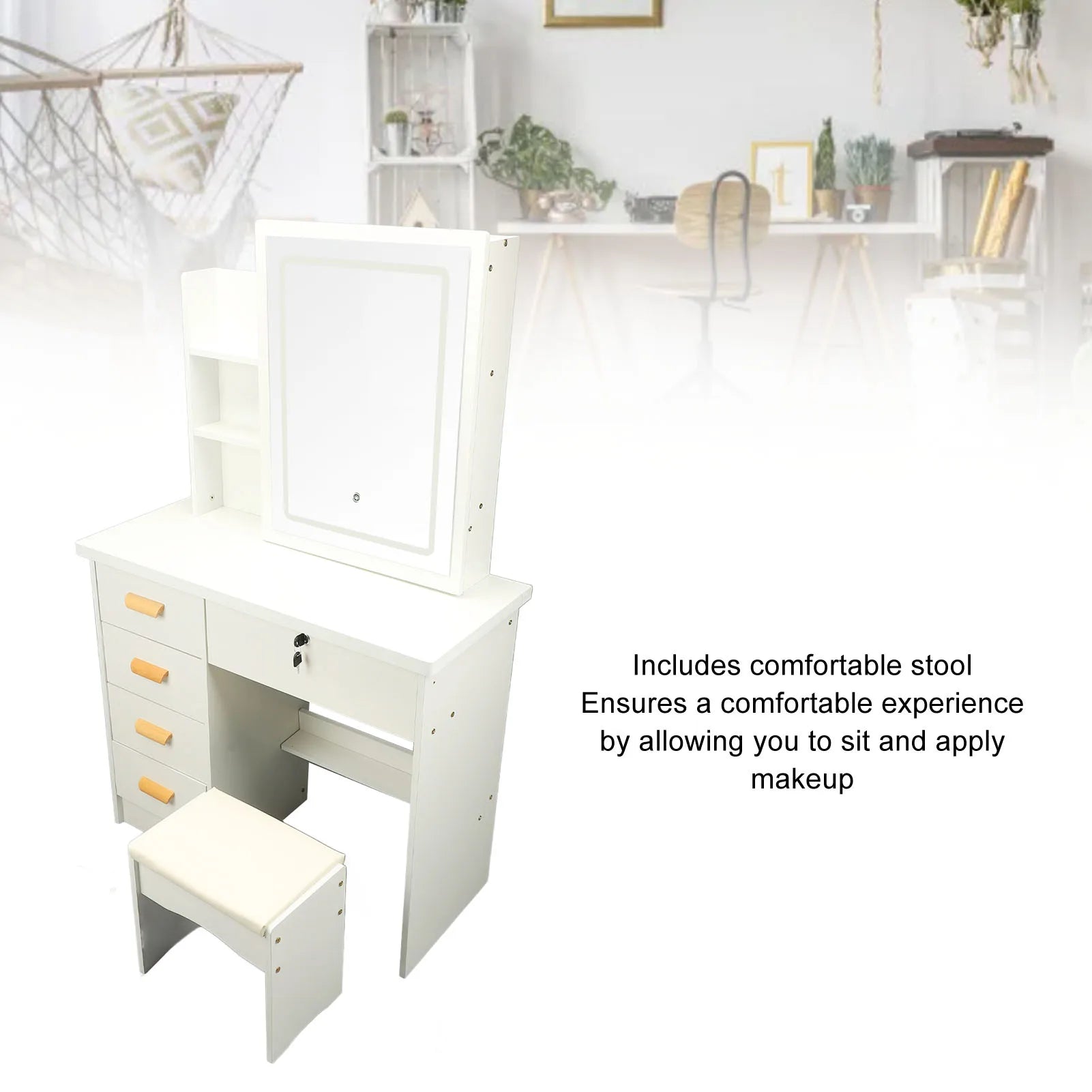 Dressing table modern multi functional lighted mirror vanity desk with drawers shelves padded stool for bedroom - white