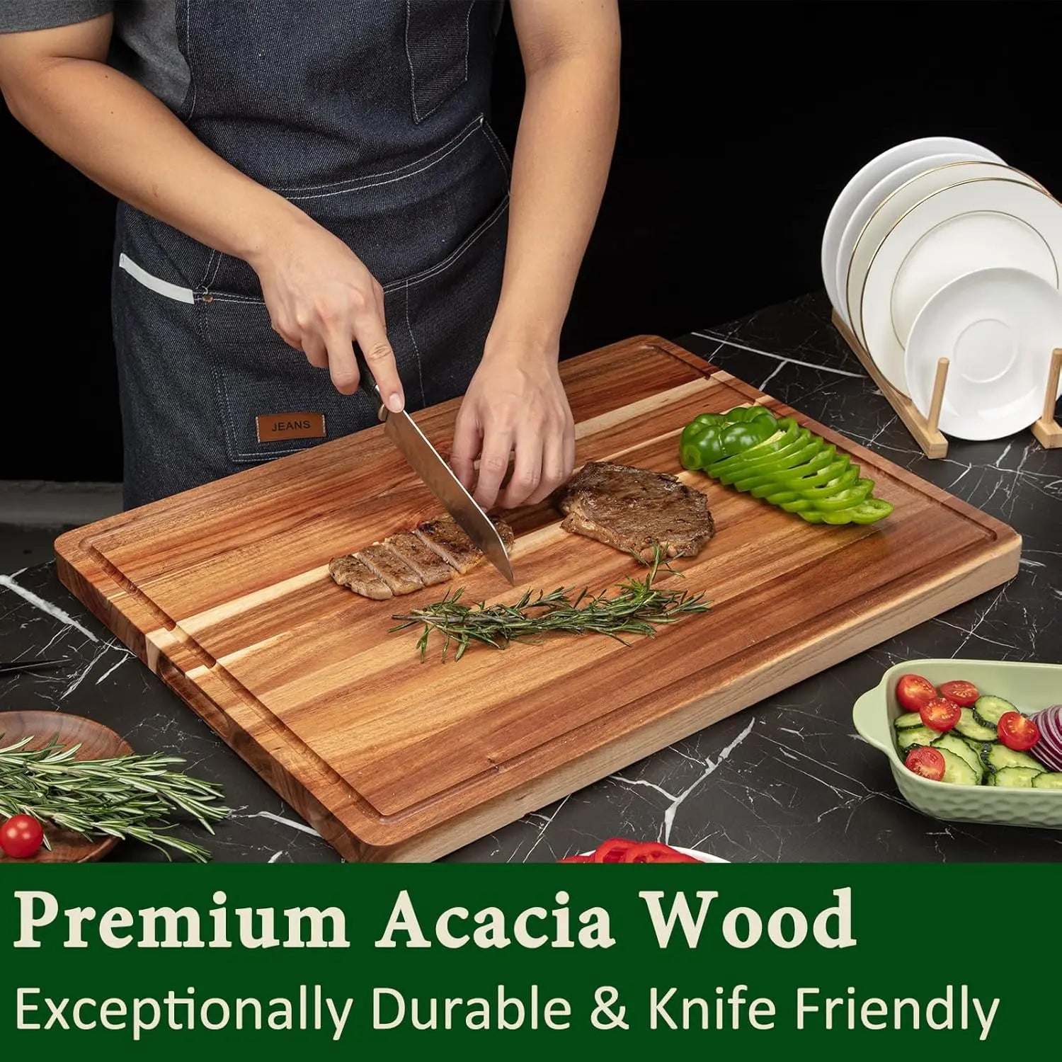 Extra large acacia wood cutting board thick butcher block chopping with side handles for meat vegetables fruit