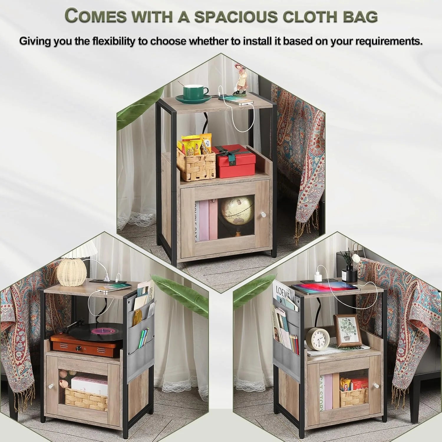 3-tier bedside table w/usb charger & shelf/cabinet - nightstand storage organizer for bedroom/living room/office grey