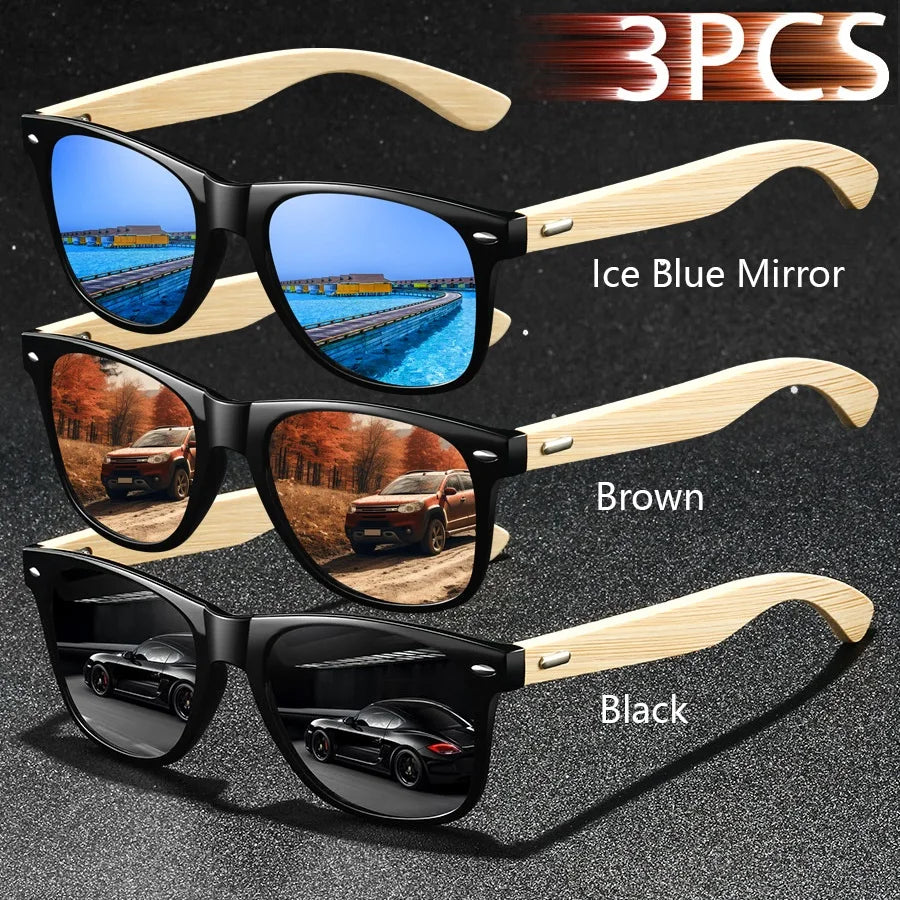 3pcs fashion vintage bamboo wood square sunglasses men women fishing driving man luxury brand designer sun glasses
