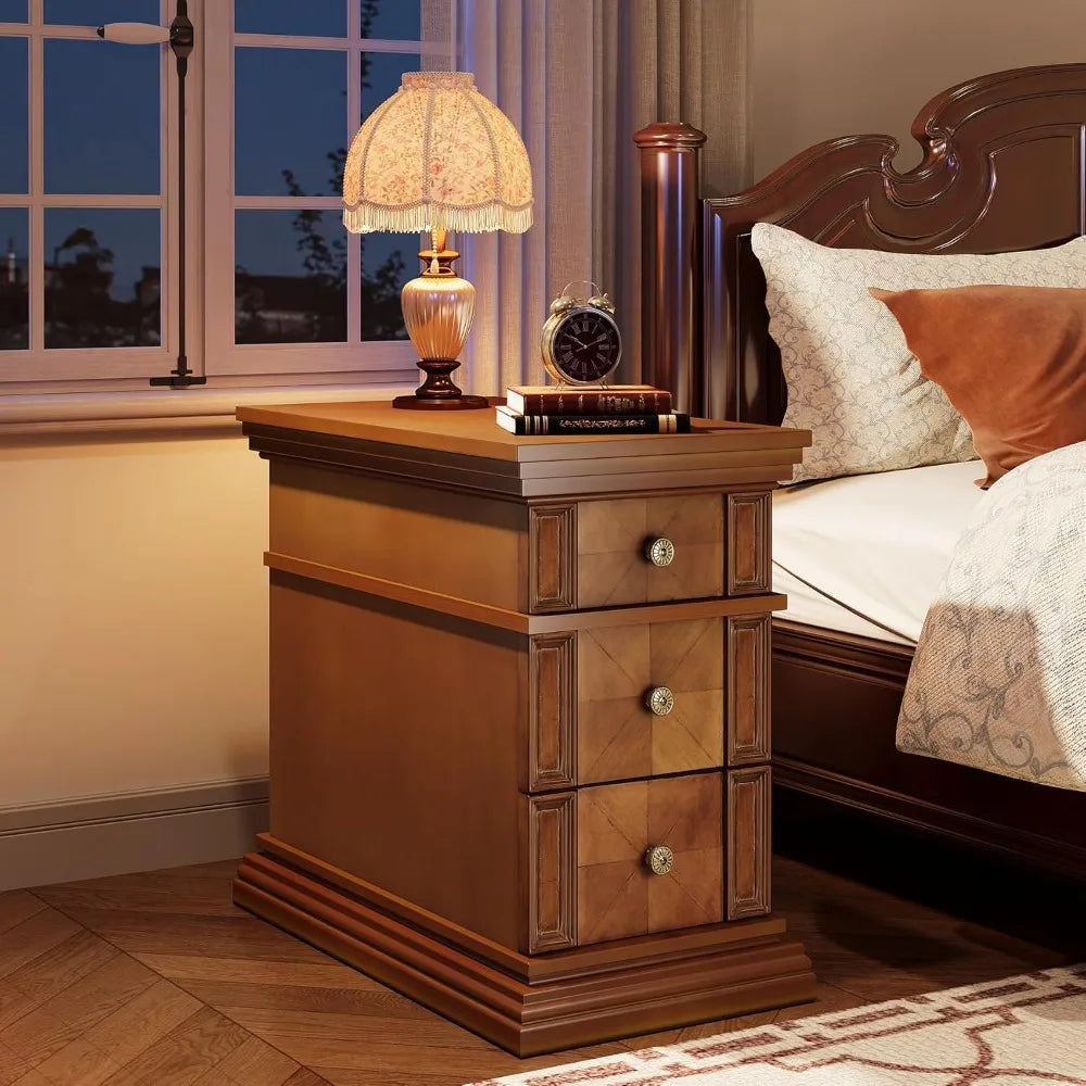 Vintage 3-drawer narrow end table slim rectangular wooden bedside furniture for living room