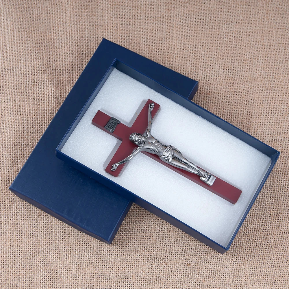 Htisok catholic wooden cross with silver metal jesus figure wall mounted religious crucifix for home altar church decor