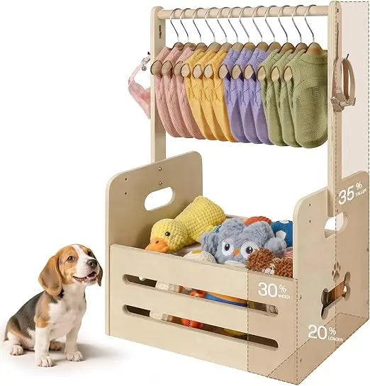 35l wooden dog storage organizer toy bin with hanging rods 27’’x16’’x11’’ pet wardrobe closet 2 metal hooks clothes