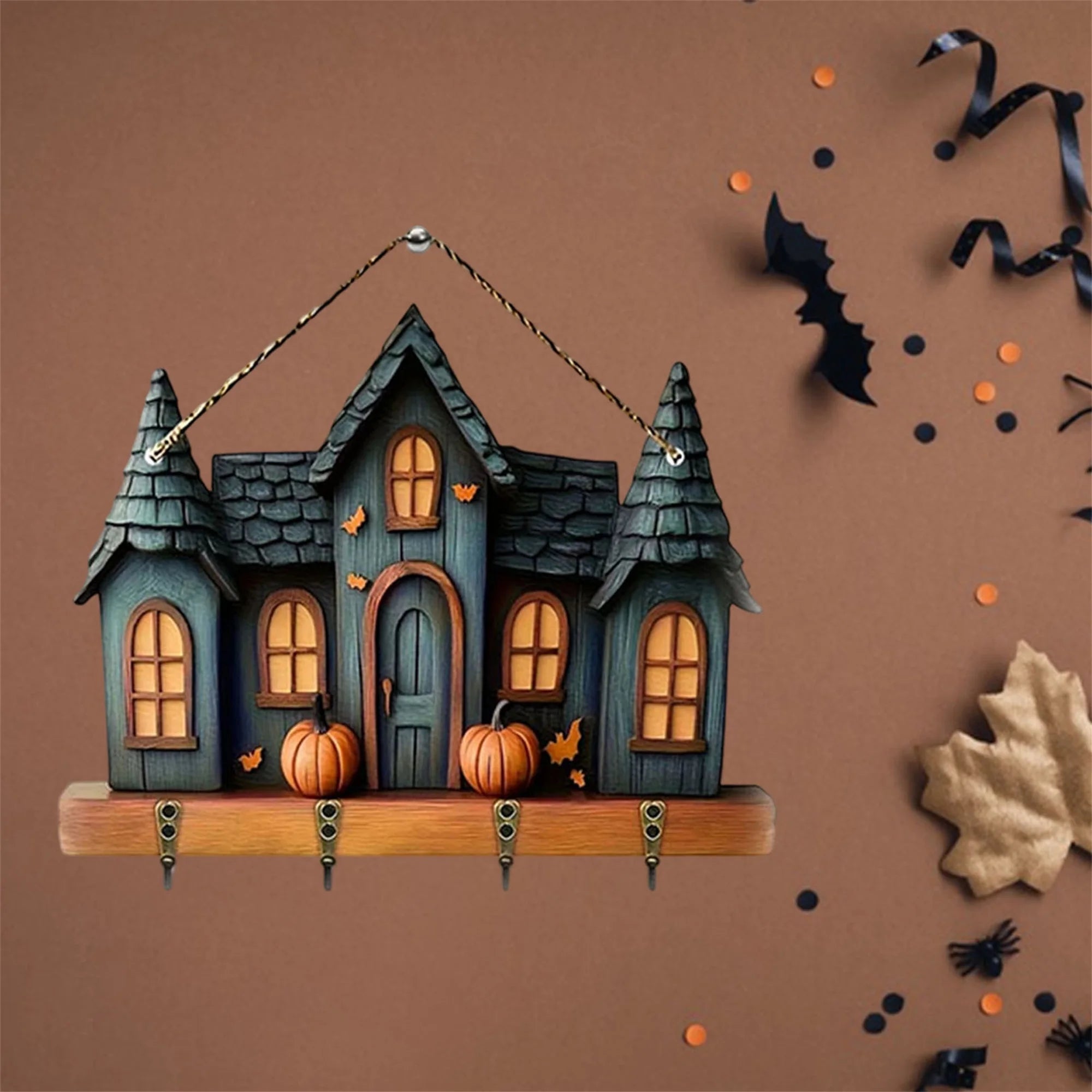 Spooky halloween ghost key rack for wall wooden 2d flat haunted house hooks hanging art entryway living room home