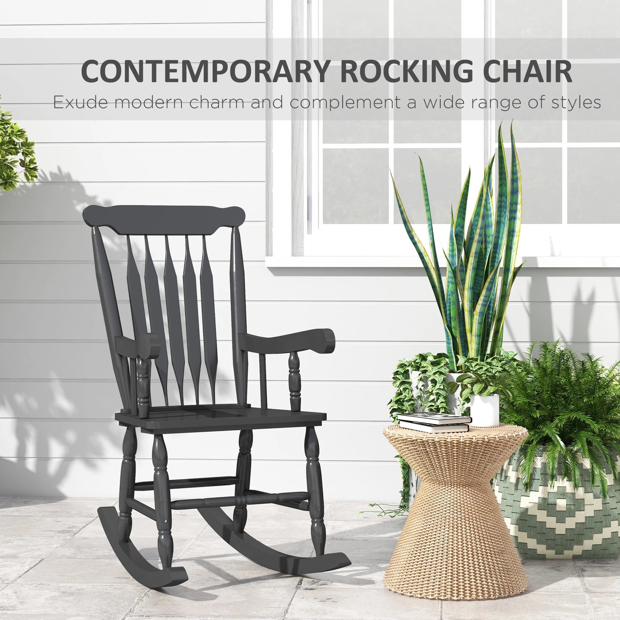 Outsunny 350 lbs outdoor wood rocking chair with high back for patio black - black / united states