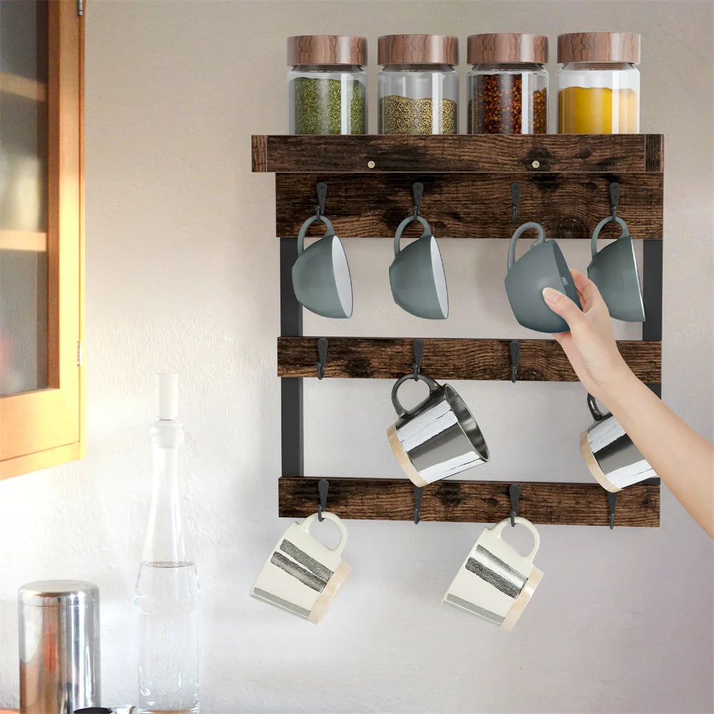 Wall mounted wooden cups hanging organizer coffee mug cup rack holder shelf 12 hooks - carbonized wood / m / united