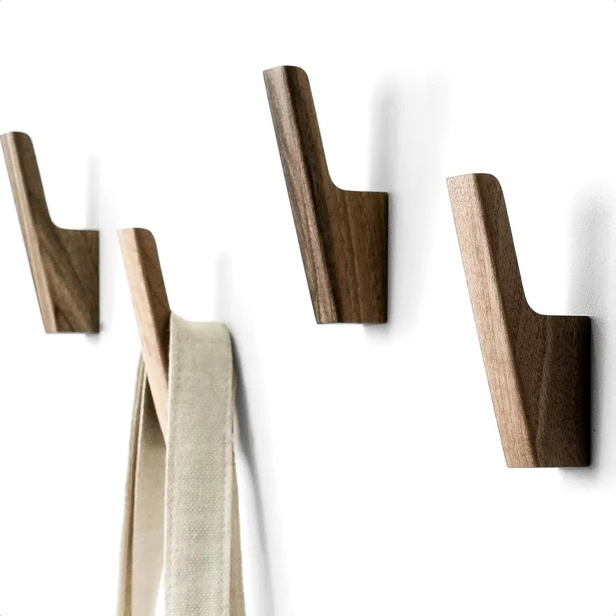 Set of 4 wall hooks in dark walnut or light ash wood for practical entryway storage: ideal hanging hats purse backpack