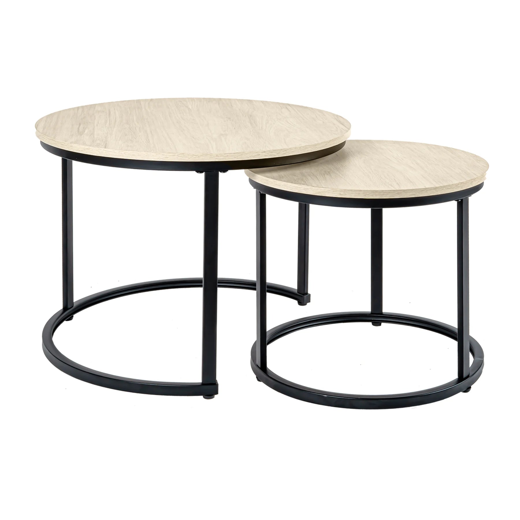2-piece round nesting coffee table set | black & white oak metal frame wood top | sturdy durable easy assembly (no